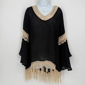 Peasant Boho Crochet Black Sheer with Fringe Top